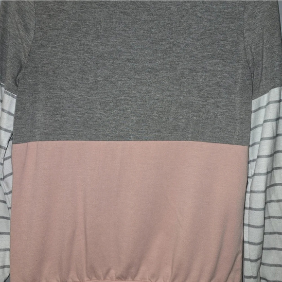 Ladies Striped Long Sleeve T-Shirt, Gray, White & Pink w/ Stripes - Picture 2 of 9